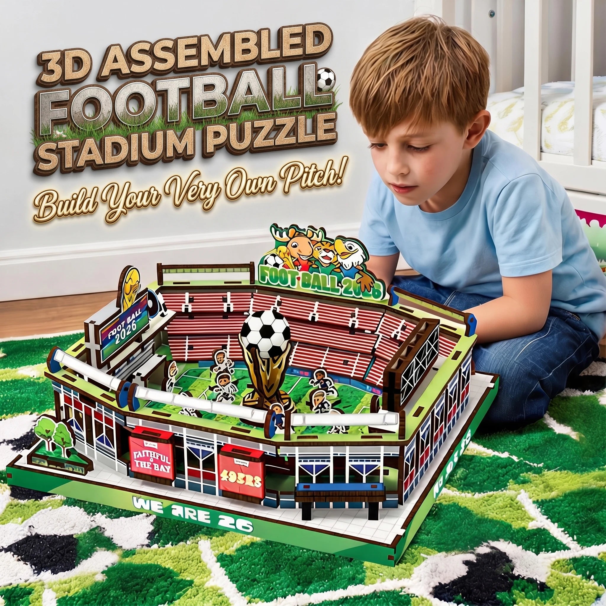 Football Stadium 3D Wooden Puzzle – DIY Assembly Model with Removable Scoreboard