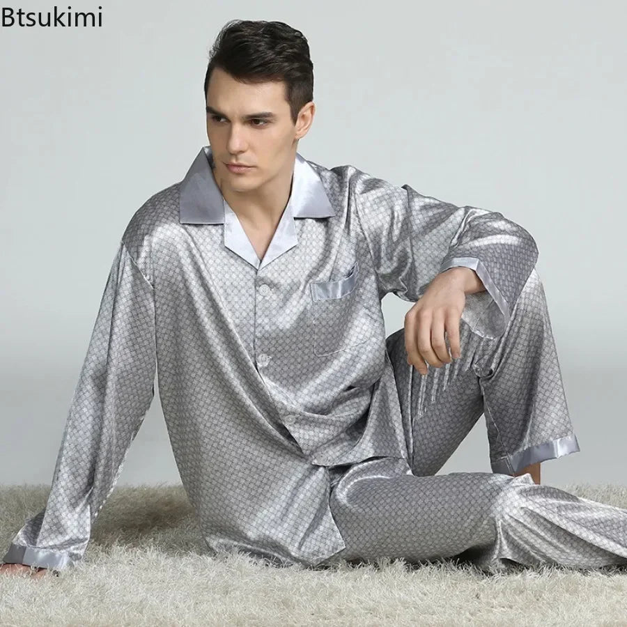 2026Men's Spring Summer Pajamas Sets Long Sleeve Tops&Pants Two-pieces Satin Home Clothes Male Ice Silk Printed Lounge Nightwear