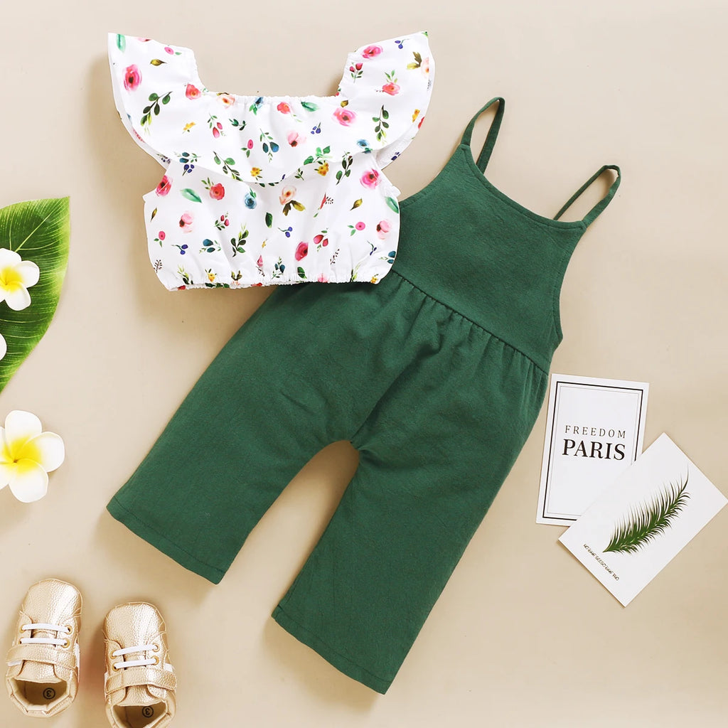 Toddler Girls Floral Print Top & Suspender Pants Set