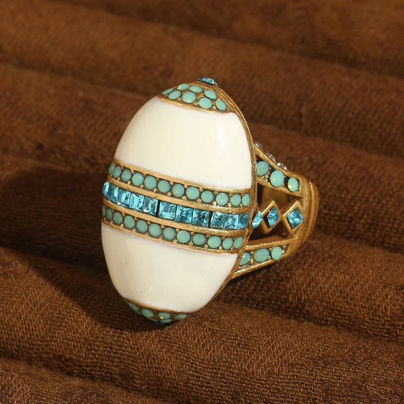 Vintage Oval Sea Blue Crystal Rings Natural Stone White For Woman 18k Real Gold Plated Luxury Antique Jewelry High Quality 2026