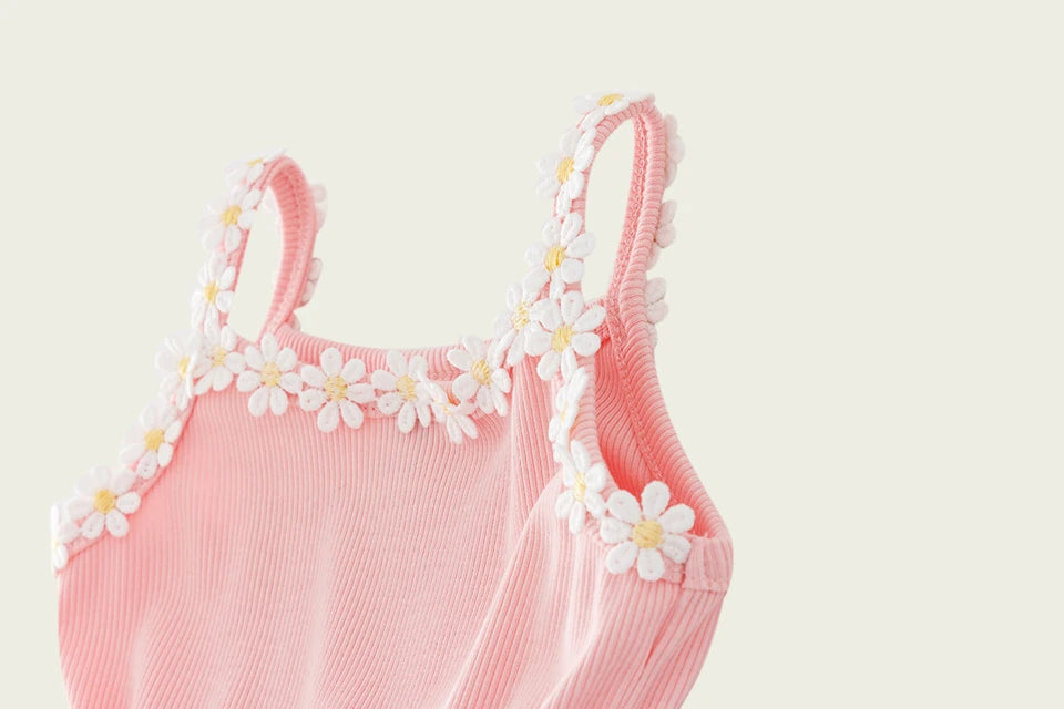 2026 Summer Girls Sling Dress Cute Daisy Print Tulle Skirt Casual Party Dress Kids Princess Dress with Lace Flower Trim 2-8Years