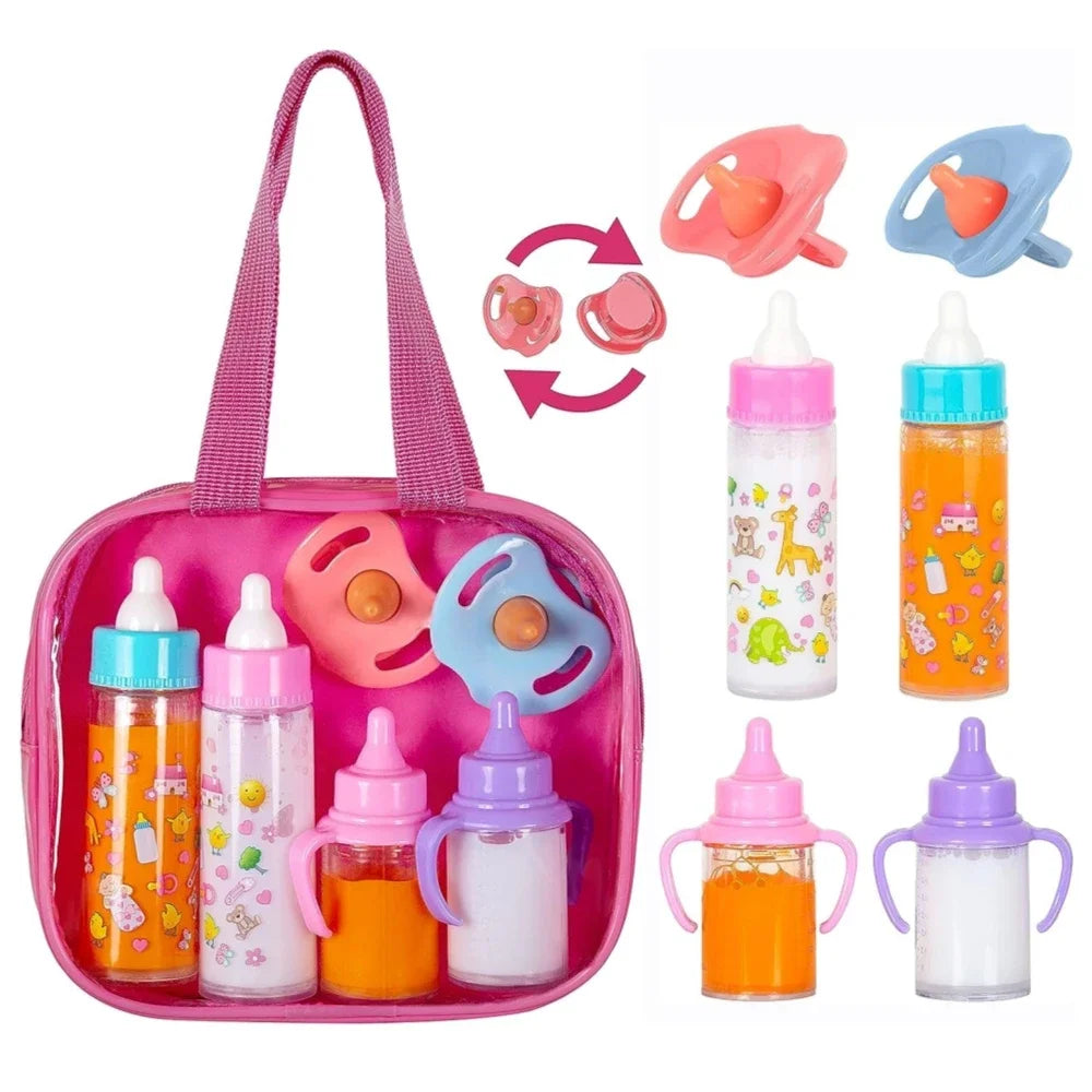 Baby Doll Feeding Bottle Set | 2 Bottles & Toy Pacifier | Doll Accessories | Pink & Blue