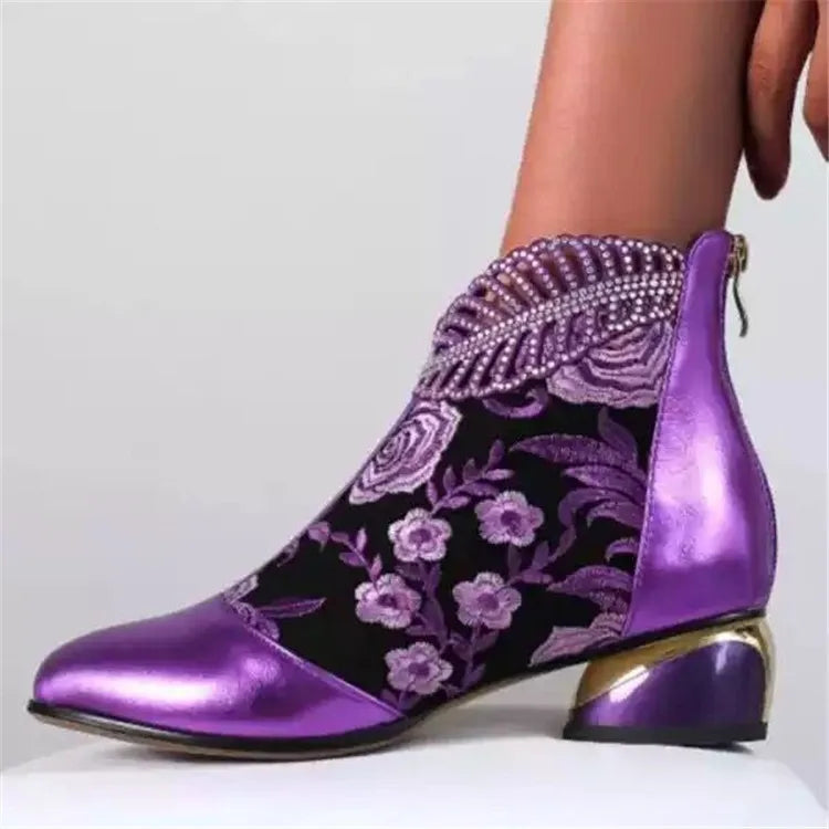 Women's Handmade Embroidered Square Heel Ankle Boots
