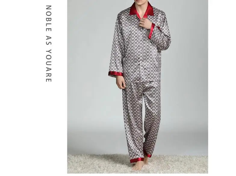 2026Men's Spring Summer Pajamas Sets Long Sleeve Tops&Pants Two-pieces Satin Home Clothes Male Ice Silk Printed Lounge Nightwear