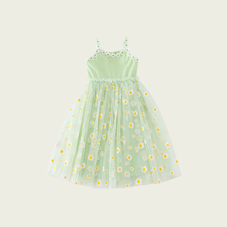 2026 Summer Girls Sling Dress Cute Daisy Print Tulle Skirt Casual Party Dress Kids Princess Dress with Lace Flower Trim 2-8Years