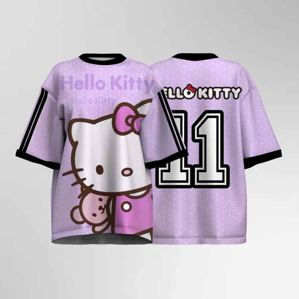 Oversized Hello Kitty Print Knit T-Shirt – Unisex Streetwear Short Sleeve Top