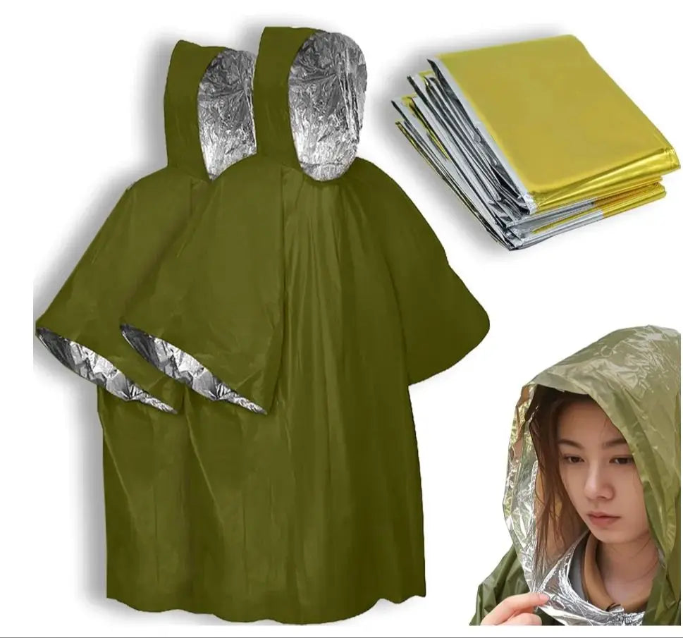 4X Survival Gear kit, Emergency Poncho (2pc), Emergency Space Blanket (2pc), Mylar Liner - Retains 92% Body Heat