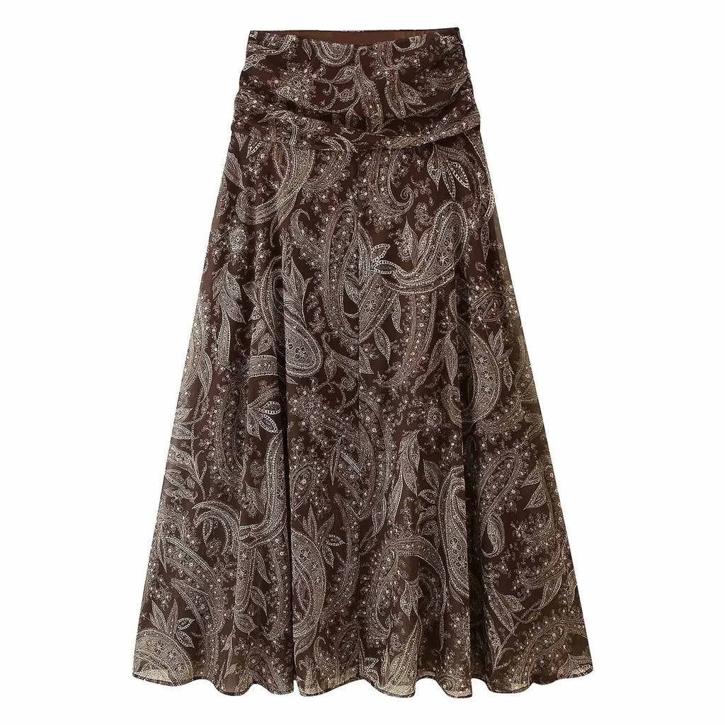 HH 2026 Woman New Early Spring Fashion Chiffon Printing Pleated Decoration Large Hem Midi Skirt Female Casual Chic Party Skirt