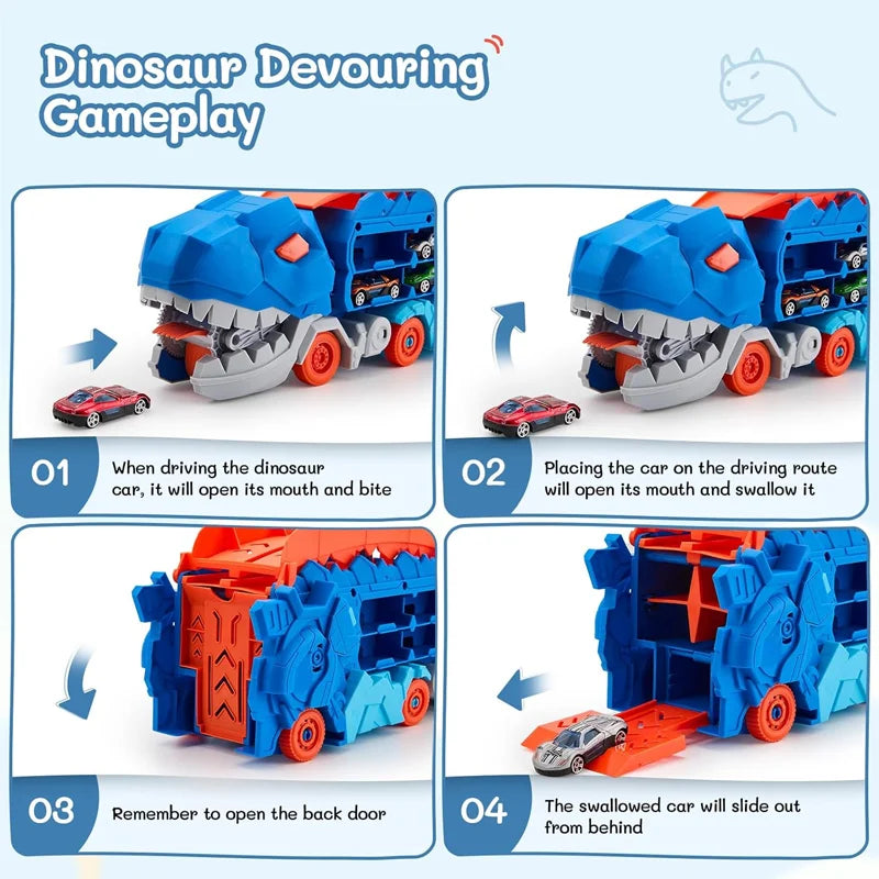 New Dinosaur Truck Race Track Toy Set With 4 Alloy Cars Foldable Transforming Into T-Rex STEAM Toys For Boys Girls Birthday Play