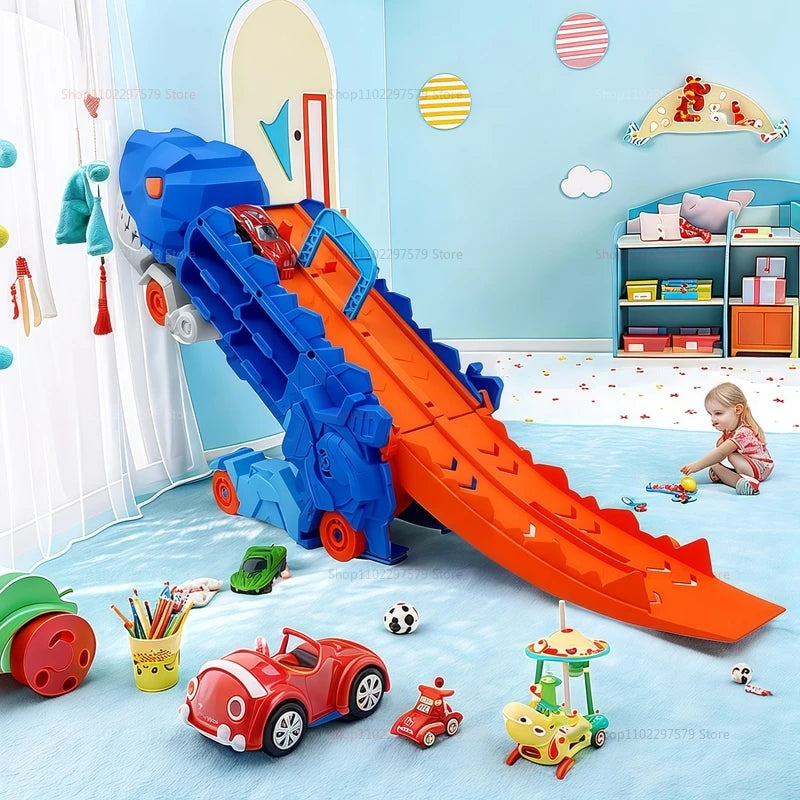 New Dinosaur Truck Race Track Toy Set With 4 Alloy Cars Foldable Transforming Into T-Rex STEAM Toys For Boys Girls Birthday Play