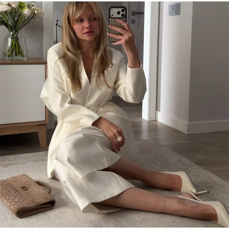 Elegant Stain Loose Jacket Pants Suit Women Solid Lace Up Full Sleeve V-neck Jackets Wide Leg Trousers Fashion Street Sets Lady
