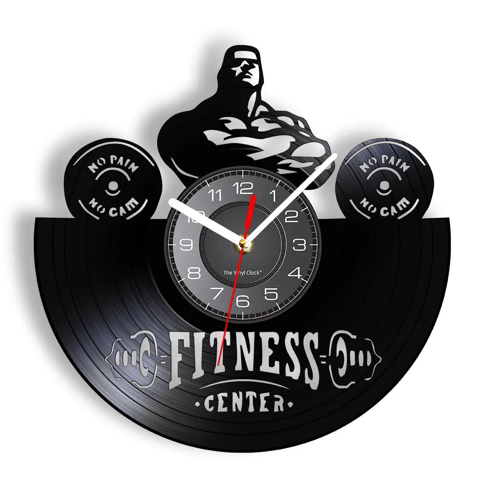 Fitness Equipment Theme Vinyl Record Fitness Wall Clock Home Decoration LED Backlight Modern Fitness Watch