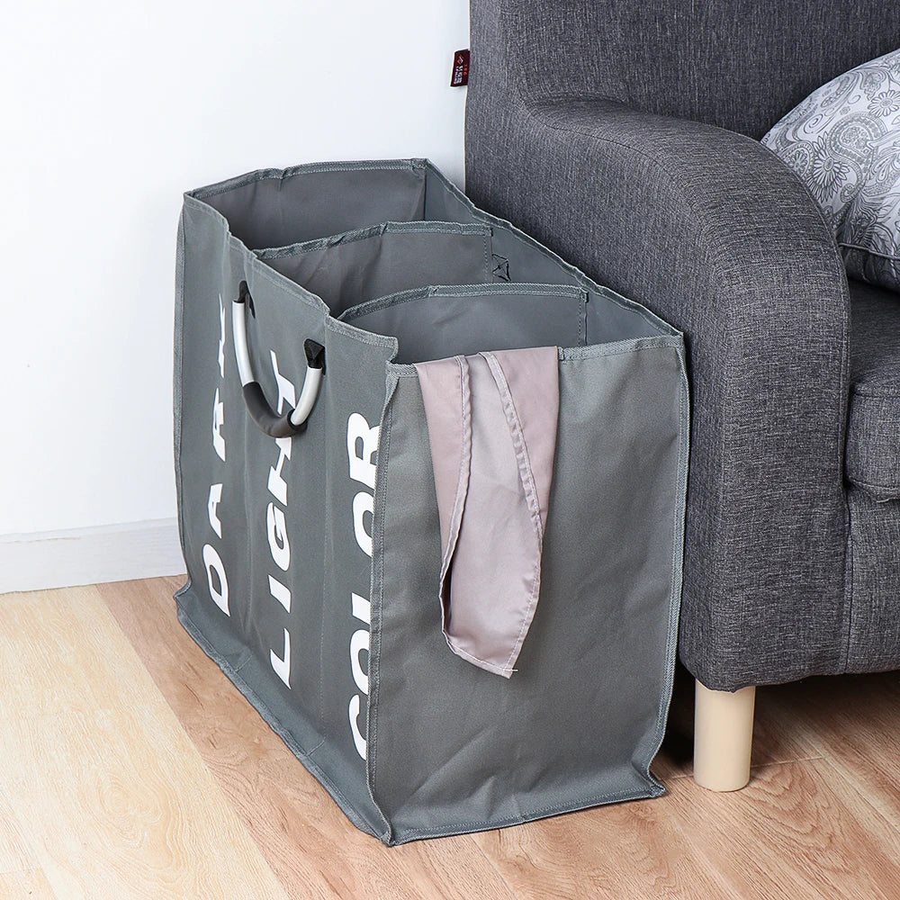 1PC Foldable Home Laundry Basket Large Dirty Laundry Basket Hamper 3 Section Oxford Cloth Dirty Clothes Bag with Aluminum Handle