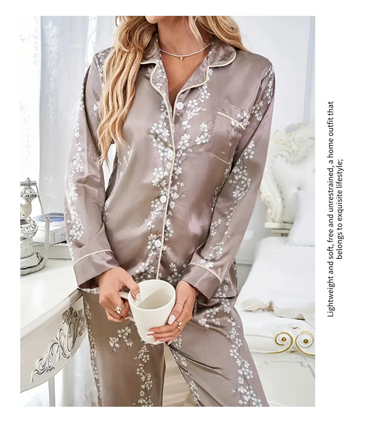 2026 Women Satin Pajama Casual Sleepwear Home Suit Spring Long Sleeve Button Up Top & Pants Nightwear Loungewear Pyjama Femme