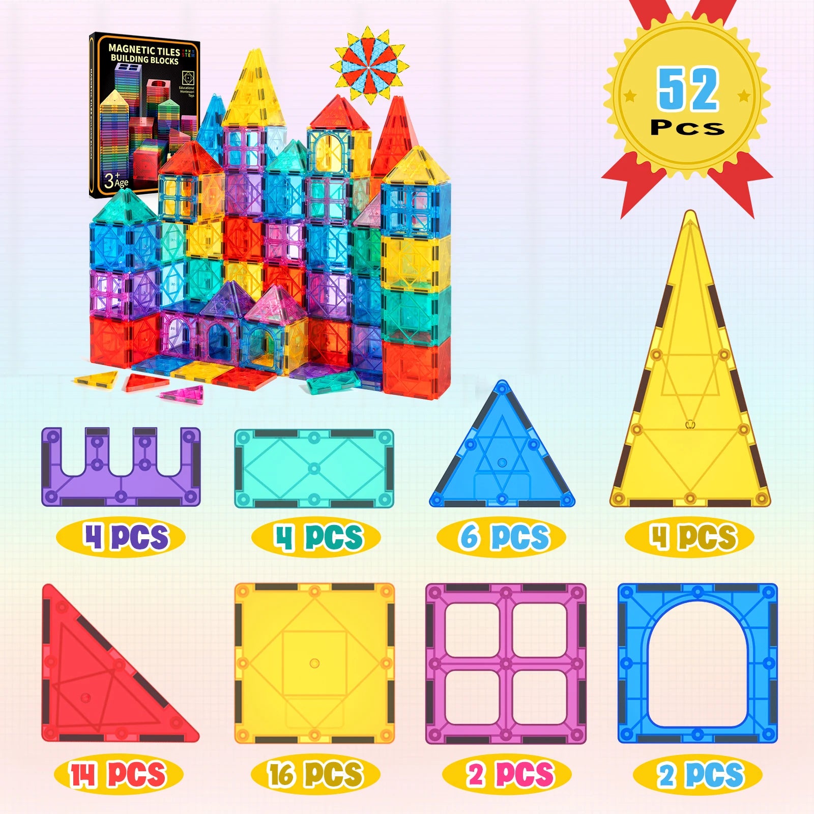 52pcs Luxury Magnetic Tiles Toy Set, 3D Rhombus Magnetic Tiles Building Blocks, Construction Toy