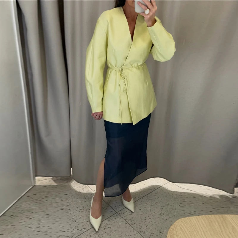 Elegant Stain Loose Jacket Pants Suit Women Solid Lace Up Full Sleeve V-neck Jackets Wide Leg Trousers Fashion Street Sets Lady