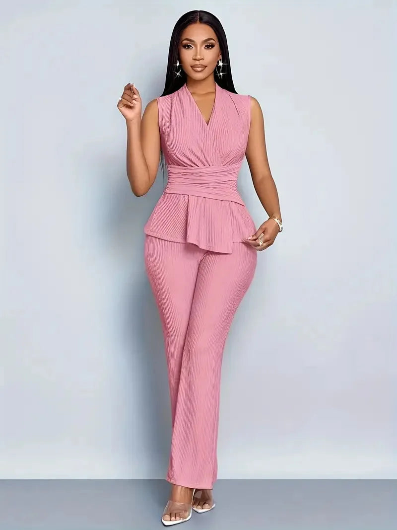 New Spring Summer Women's Trousers Two-piece Elegant Slim V-neck Sleeveless Irregular T-shirt Wide-leg Pants Office 2-piece Set