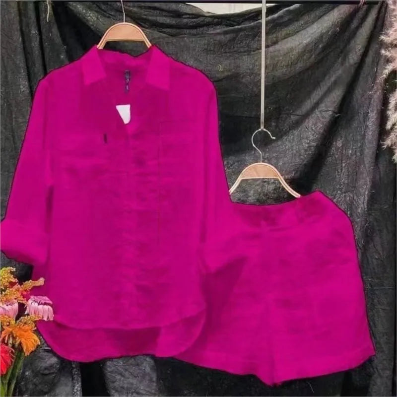 Summer Cotton Linen Casual Home 2 Piece Set For Women Fashion White Long Sleeve Shirt And Shorts Two Piece Sets Tracksuit