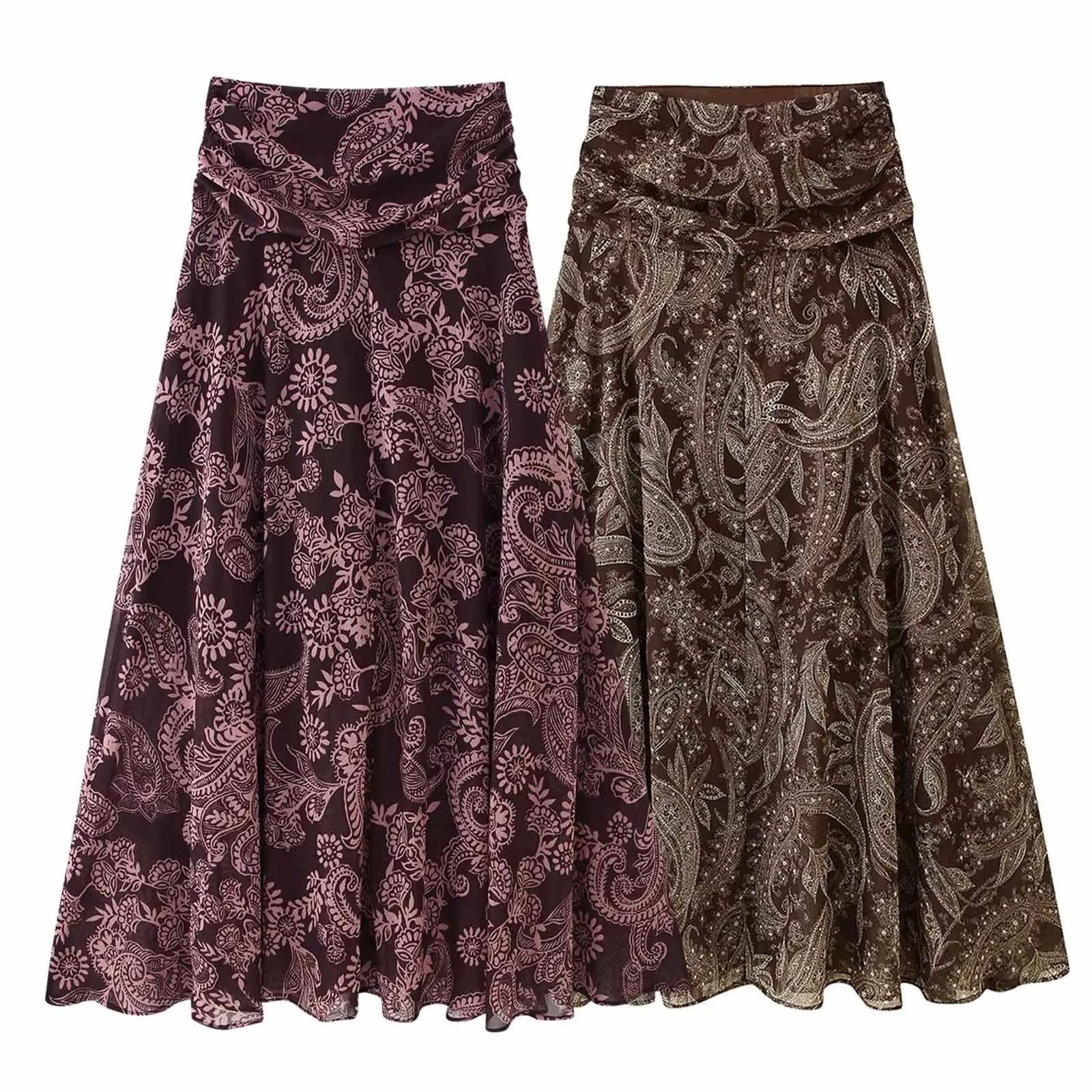 HH 2026 Woman New Early Spring Fashion Chiffon Printing Pleated Decoration Large Hem Midi Skirt Female Casual Chic Party Skirt