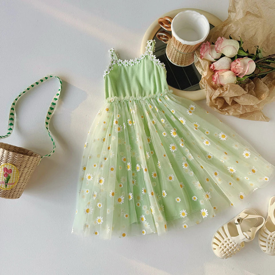 2026 Summer Girls Sling Dress Cute Daisy Print Tulle Skirt Casual Party Dress Kids Princess Dress with Lace Flower Trim 2-8Years
