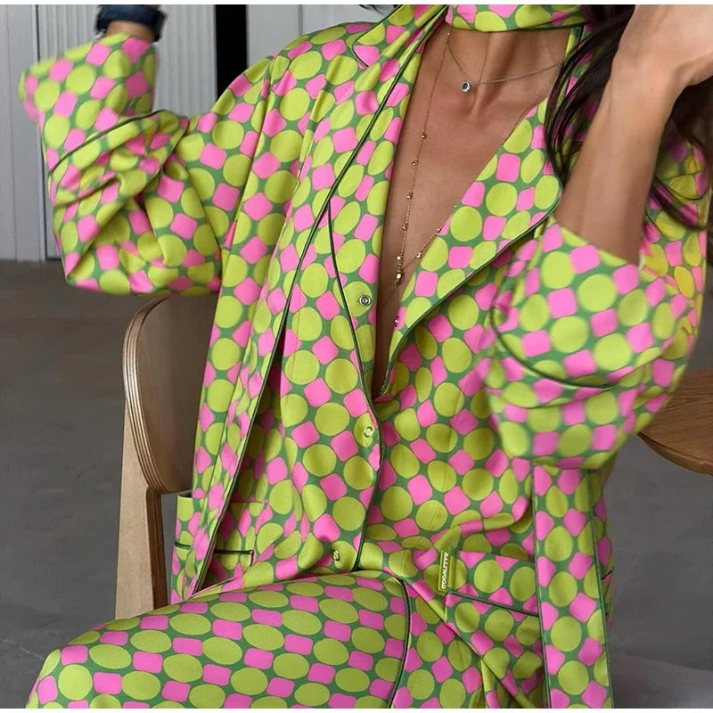 Loose Geometric Print Shirt Pant Sets for Women Ribbon Lapel Full Sleeve Pocket Shirts Wide Leg Trouser Summer Casual Suits