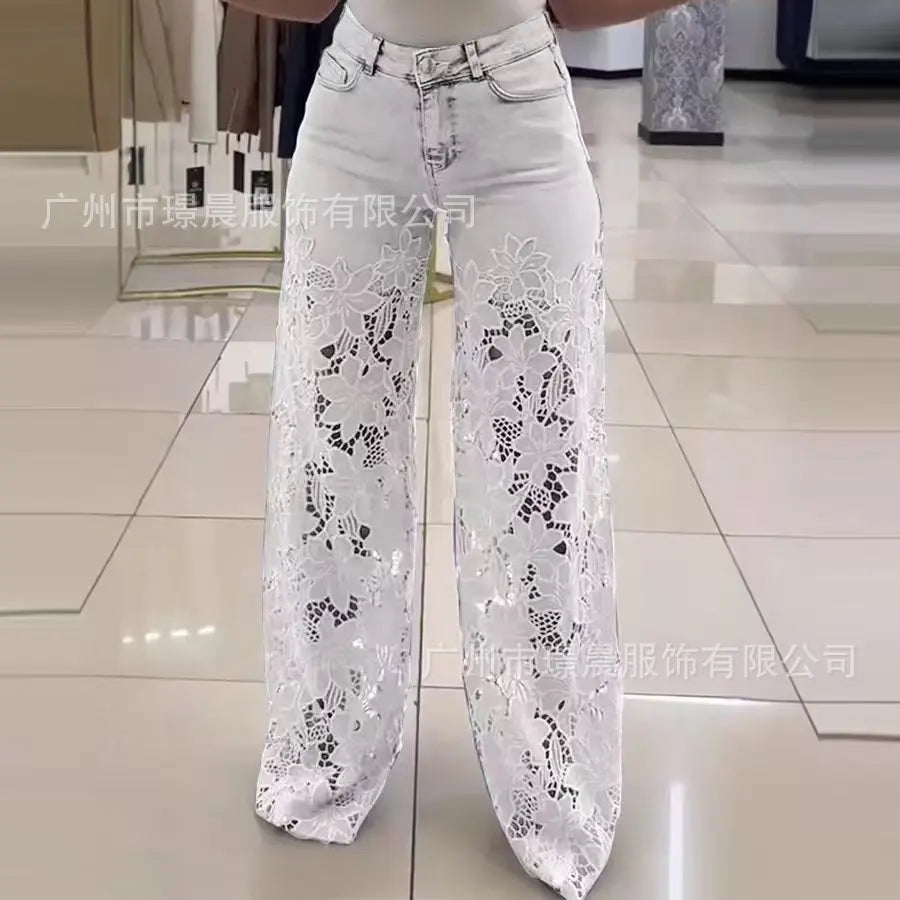 2026 Women's Patchwork Lace Hollow Out Pants Spring Summer Solid Color High-Waist Wide-Leg Pants Female Straight Trousers