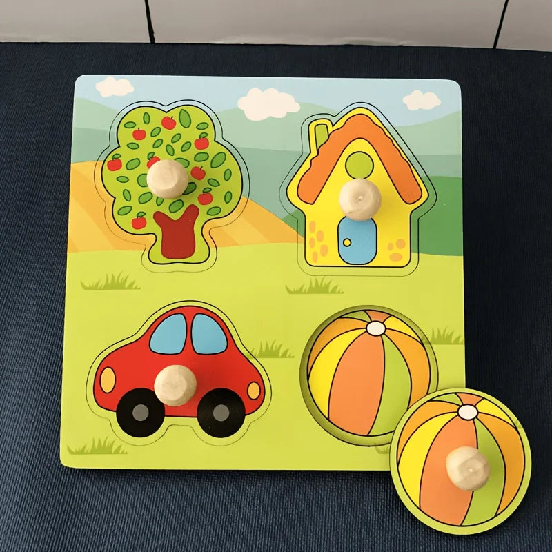 Wooden Animal Peg Puzzle Board Toy, Cartoon Farm Animal Pattern + Peg Matching Design