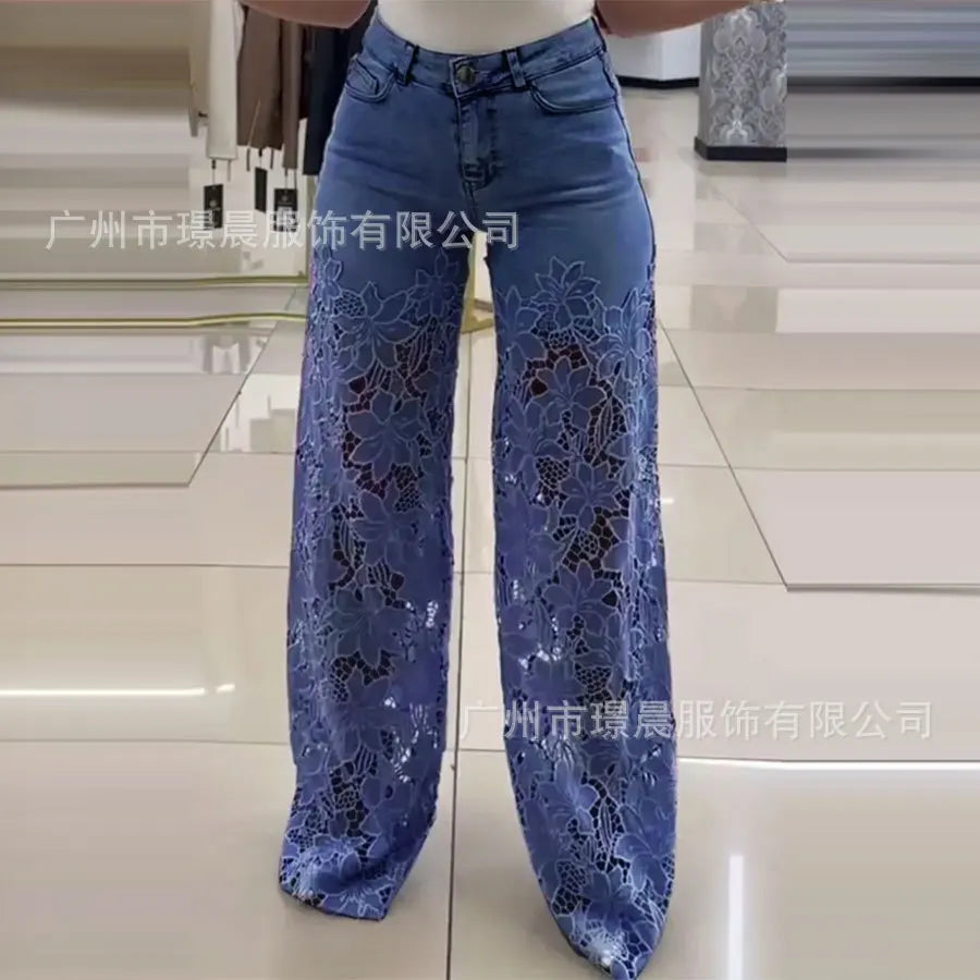 2026 Women's Patchwork Lace Hollow Out Pants Spring Summer Solid Color High-Waist Wide-Leg Pants Female Straight Trousers