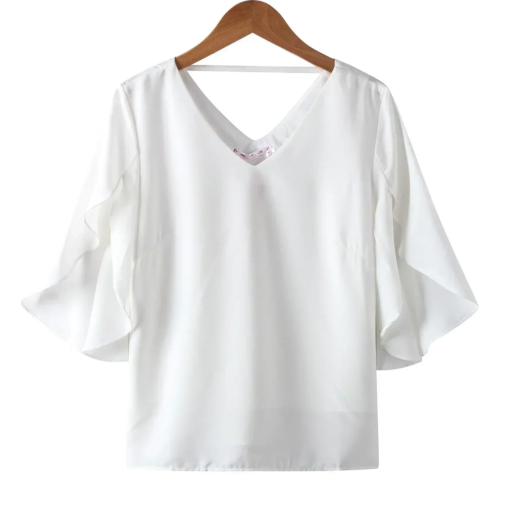 Women Chiffon Short Sleeve Shirt Sexy V-neck Loose Ruffled Chiffon Blouse.