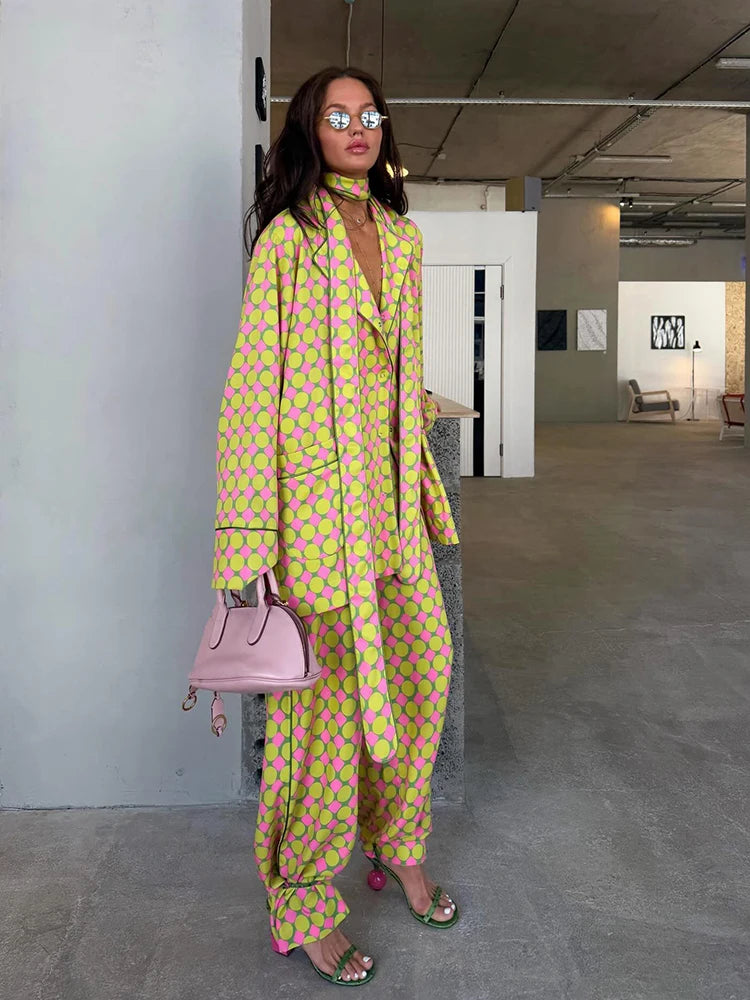 Loose Geometric Print Shirt Pant Sets for Women Ribbon Lapel Full Sleeve Pocket Shirts Wide Leg Trouser Summer Casual Suits