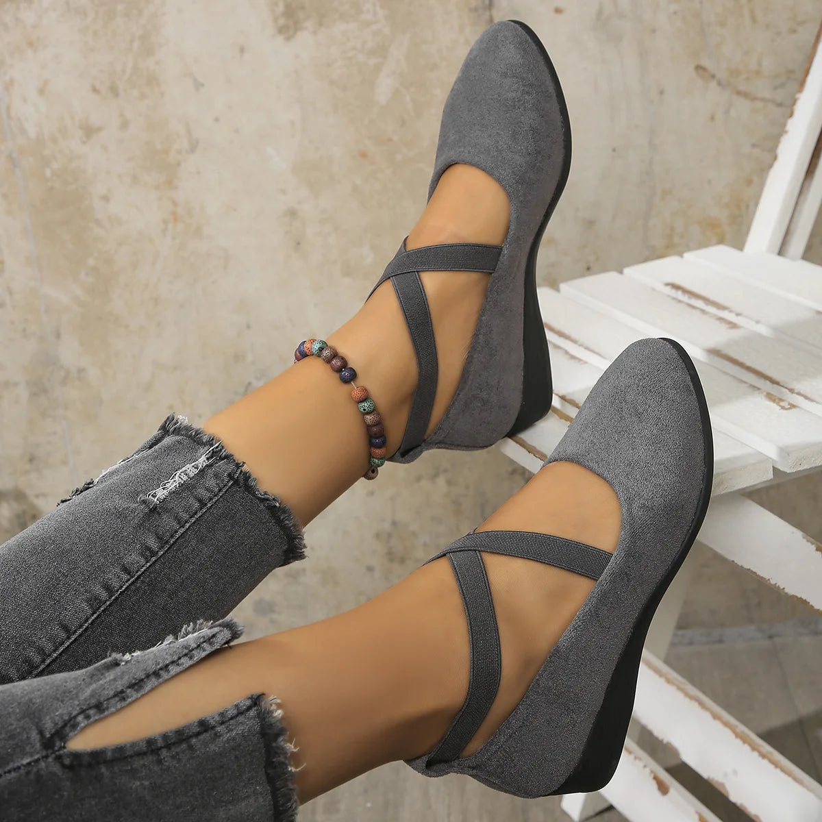 Women's Wedge Heel Pointed Toe Ankle Strap Pumps