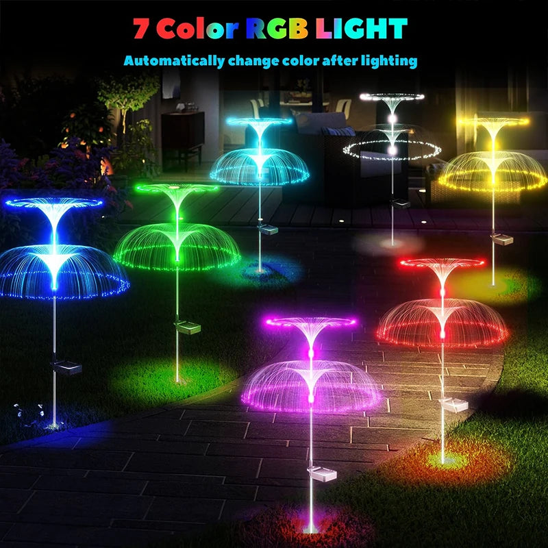 Outdoor LED Solar Lawn Lights 7colors Change Waterproof Garden Yard Pathway Patio Decor Double Jellyfish Fibre Lights