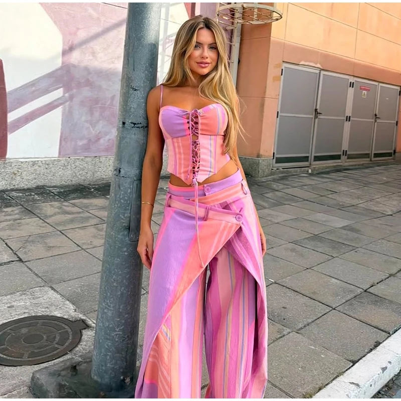 Loose Geometric Print Shirt Pant Sets for Women Ribbon Lapel Full Sleeve Pocket Shirts Wide Leg Trouser Summer Casual Suits