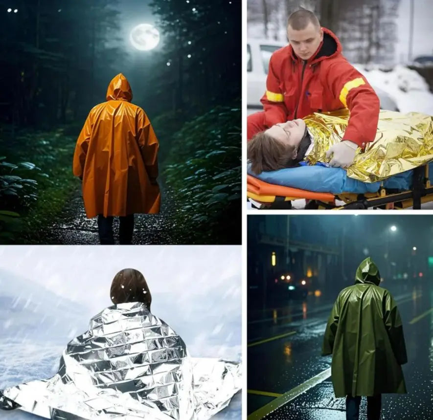 4X Survival Gear kit, Emergency Poncho (2pc), Emergency Space Blanket (2pc), Mylar Liner - Retains 92% Body Heat