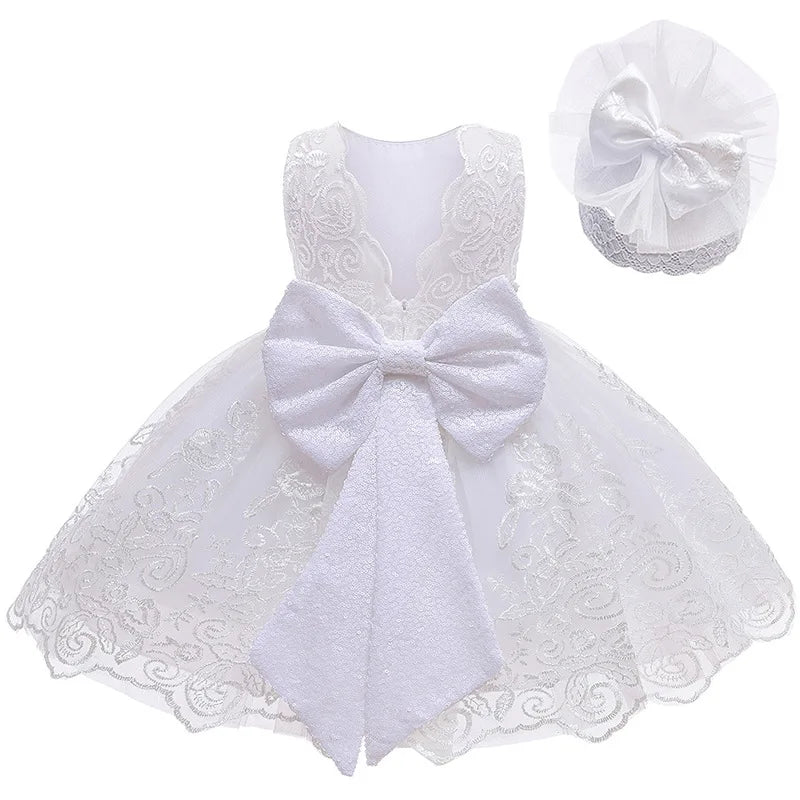 2026 Summer Lace Newborn Dress with Big Bow Fashion Little Princess Baby white Dress Birthday Gifts Children's Clothing 3 6 12M