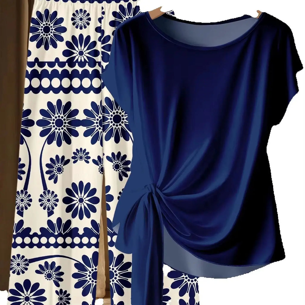 Summer women's plus size casual loose two-piece set solid color twisted T-shirt+blue and white printed wide leg pants set