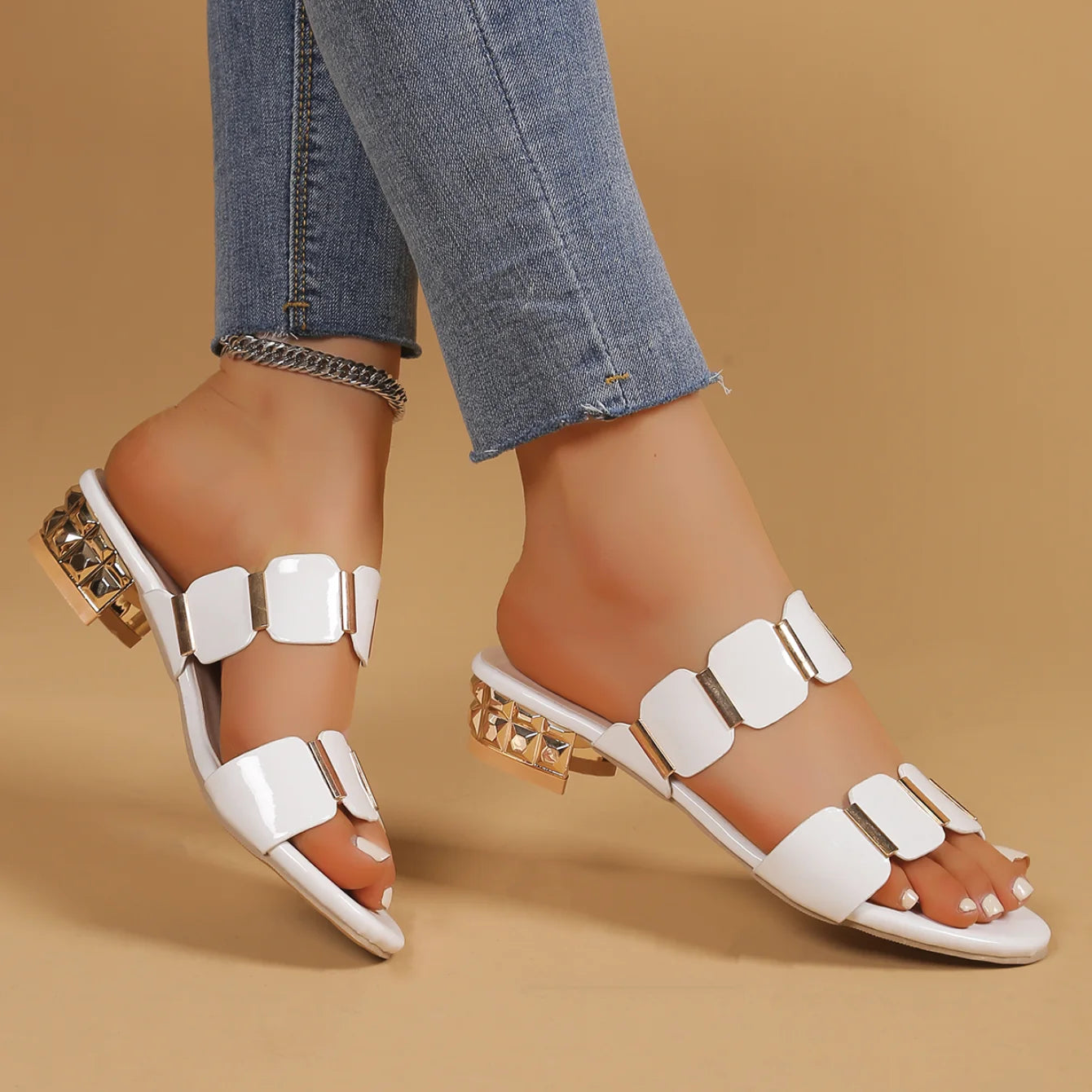 Women's Low Heel Open Side PU Sandals