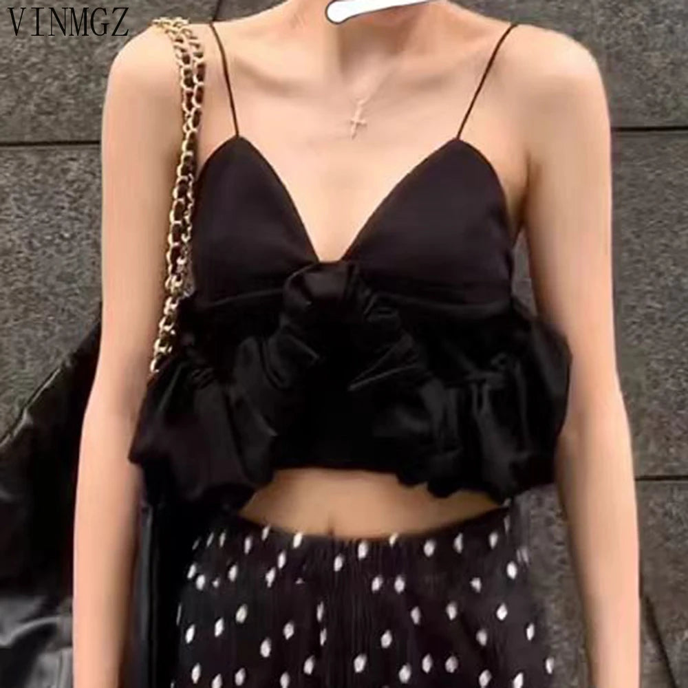 Women's clothing 2025 spring and summer new V-neck off-the-shoulder bubble sleeve pleated short suspender vest women
