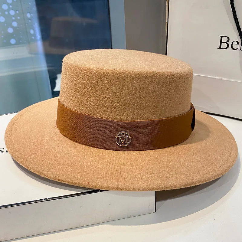 Women's Flat Top Fedora Hat with Ribbon Band – Elegant Panama Bowler for Church, Wedding & Party