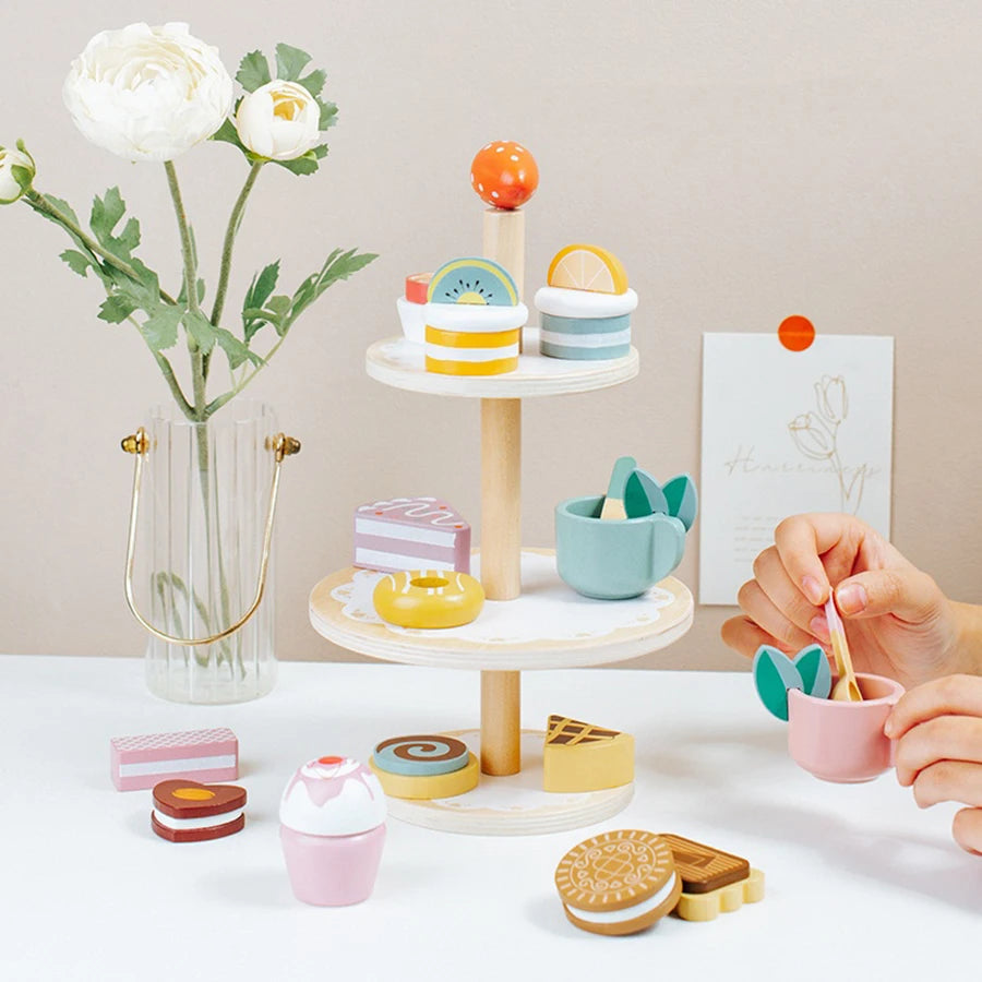 Tea Party Set Dessert Stand Playset ,Wooden Toys Pretend Play Food Kitchen Accessories for Toddler Tea Set Birthday Gift