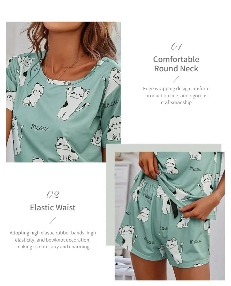 2026 Women Casual Cute Outdoor Shits with Shorts Pajamas Sets Short Sleeve Sleepwear 2 Piece Pjs Cartoon Cat Print Pyjamas Sets