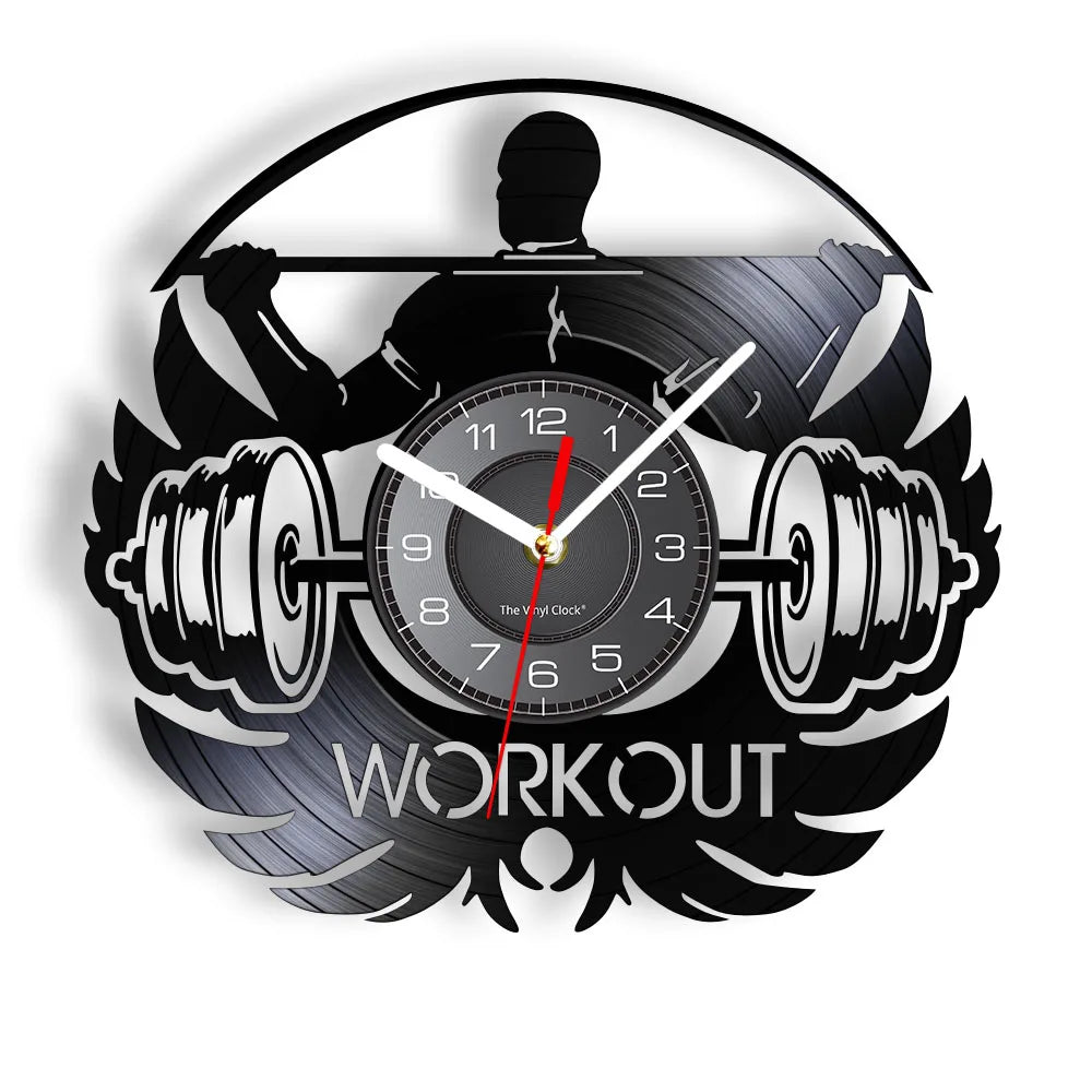 Fitness Equipment Theme Vinyl Record Fitness Wall Clock Home Decoration LED Backlight Modern Fitness Watch