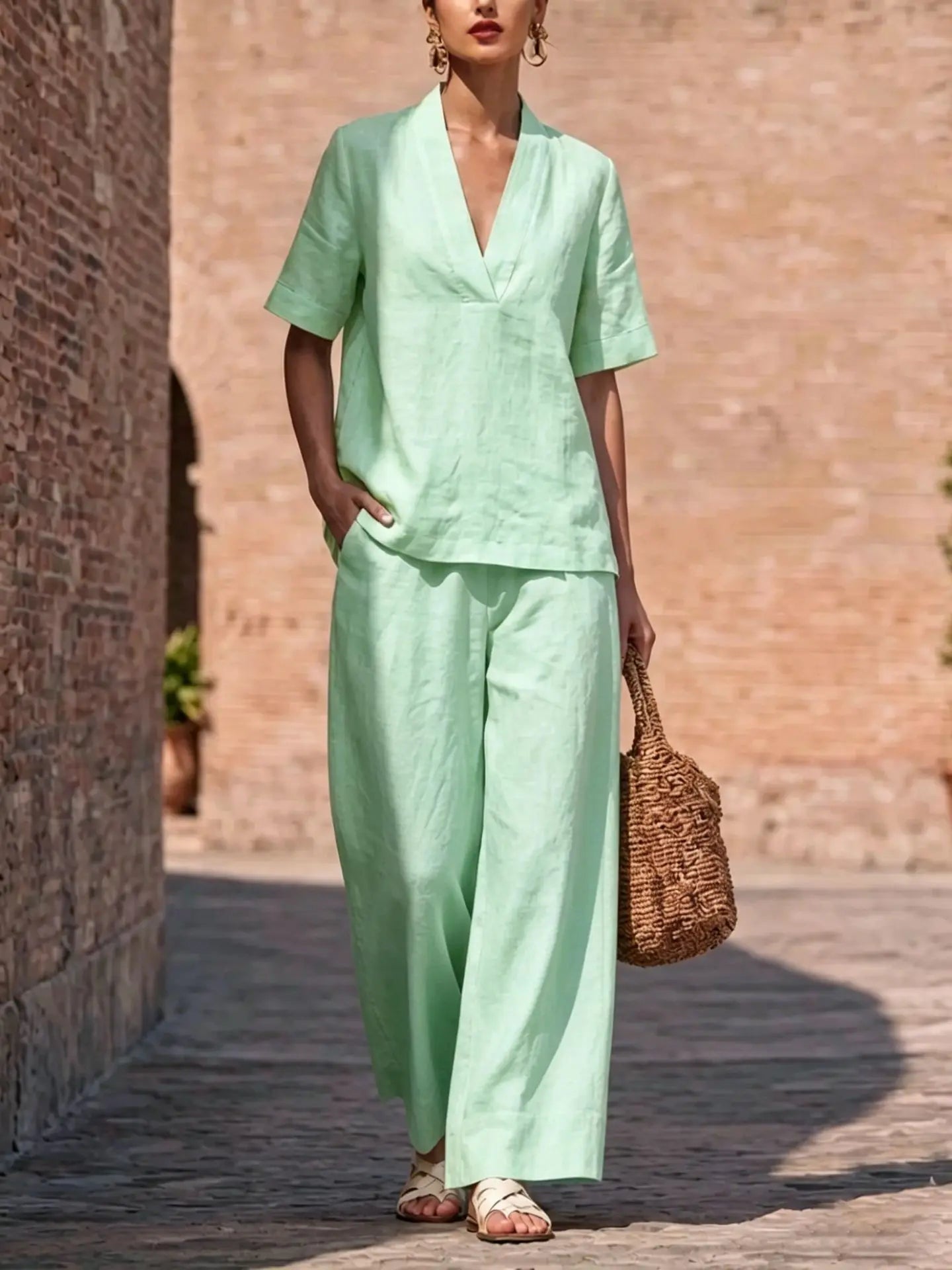 Summer Casual V-neck Short-sleeved Women Trousers 2-piece Set Fashion Casual Loose Wide-leg Trousers Female Lazy Daily Suit 2026