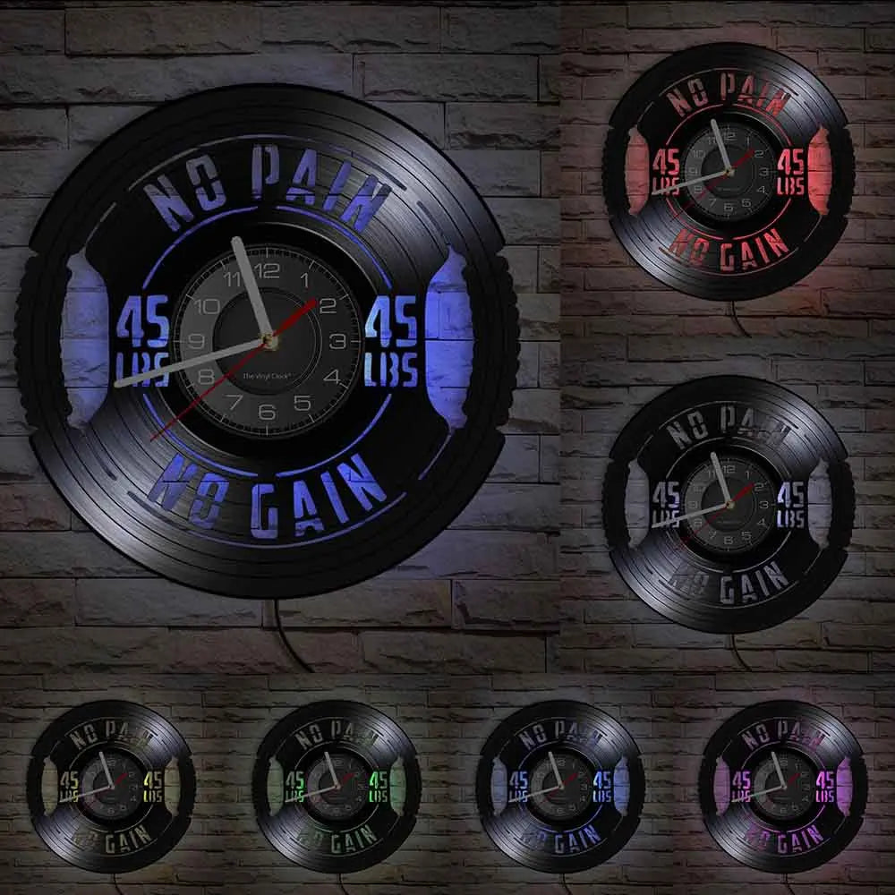 Fitness Equipment Theme Vinyl Record Fitness Wall Clock Home Decoration LED Backlight Modern Fitness Watch