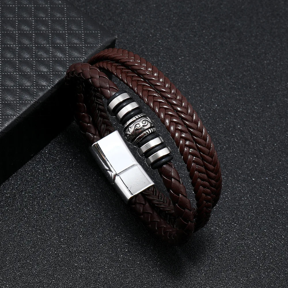 Men's Multilayer Leather & Braided Rope Bracelet – Vintage Aluminium Alloy Bangle | 21cm