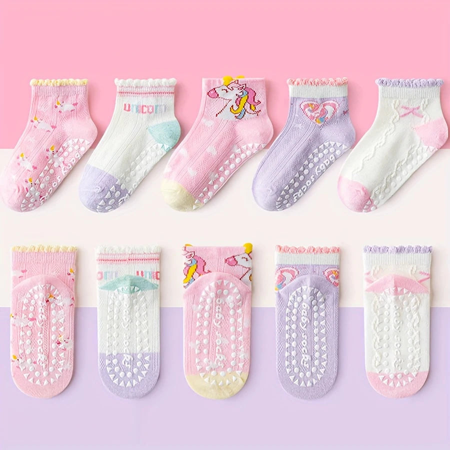 Girls Non-Slip Floor Socks 5-Pack | Unicorn & Heart Pattern