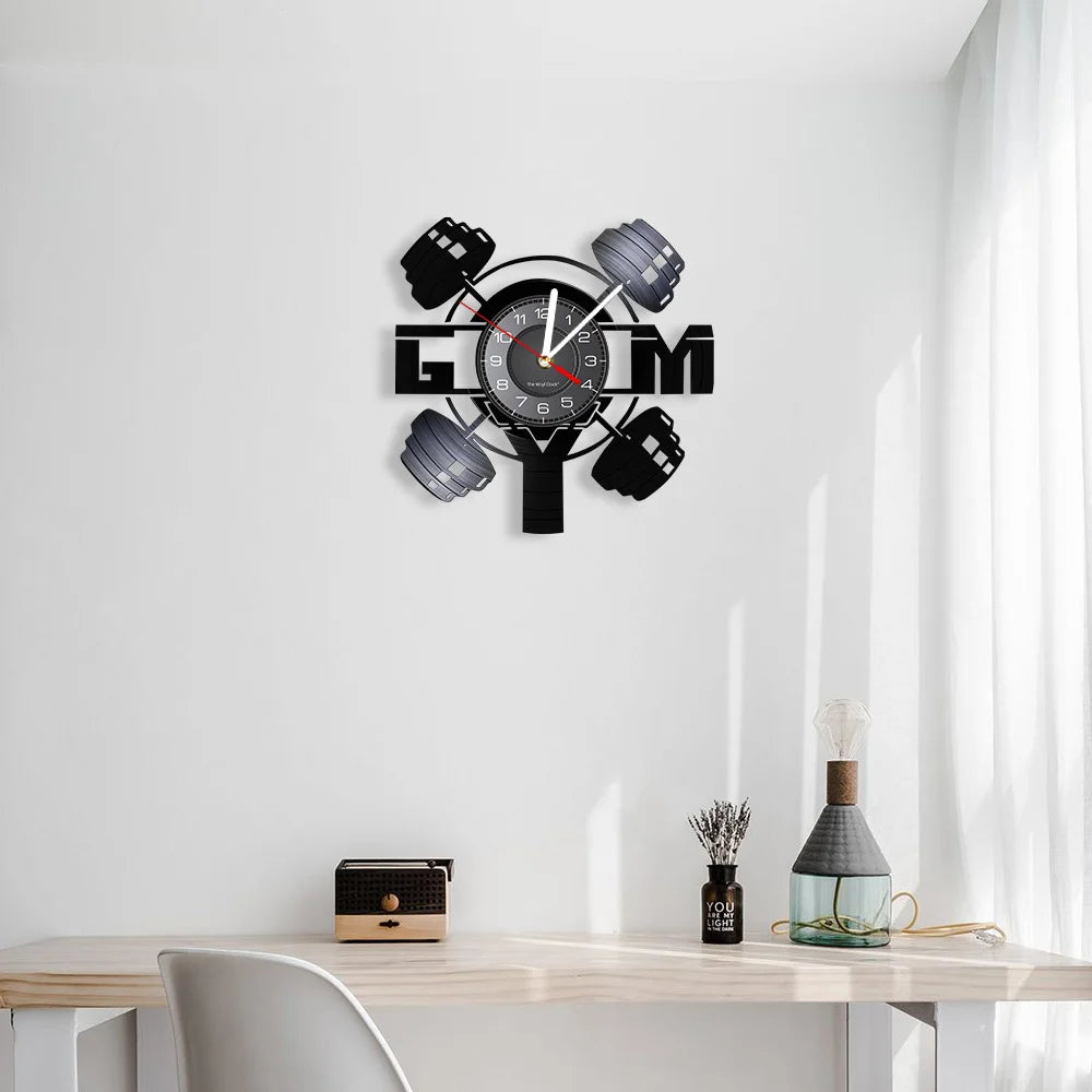 Fitness Equipment Theme Vinyl Record Fitness Wall Clock Home Decoration LED Backlight Modern Fitness Watch