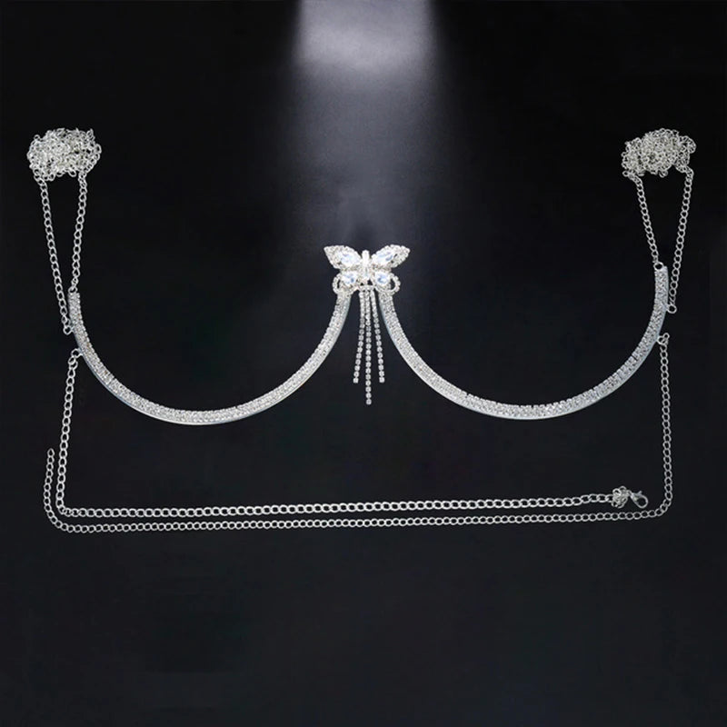 Stonefans Zircon Butterfly Tassel Breast Chain Women's Accessories Bra Top Fashion New U-shaped Sexy Shiny Rhinestone Body Chain