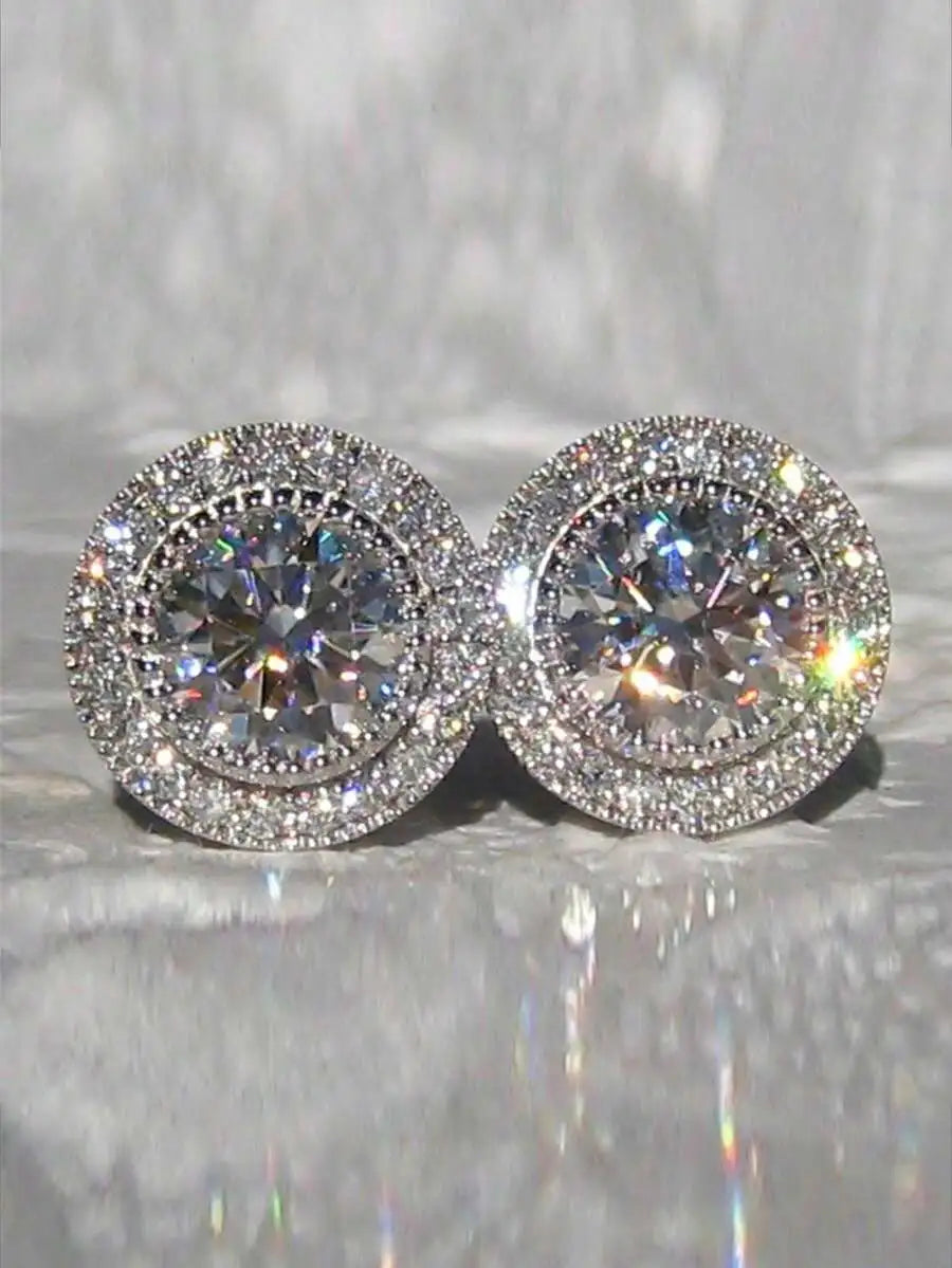 Bridal Sparkling Round Stone Earrings – Full Drill Silver Flower Design