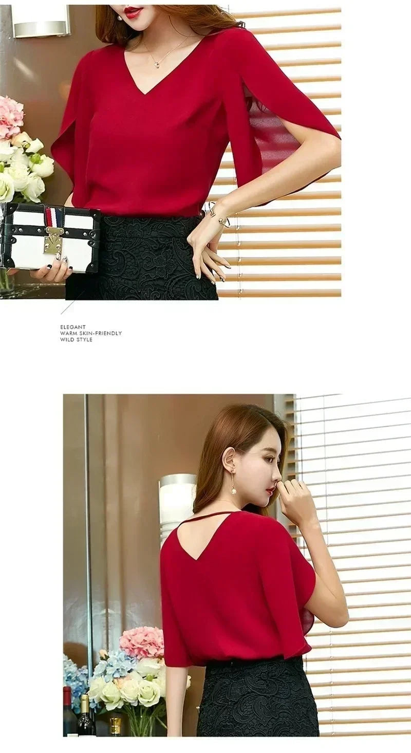 Women Chiffon Short Sleeve Shirt Sexy V-neck Loose Ruffled Chiffon Blouse.
